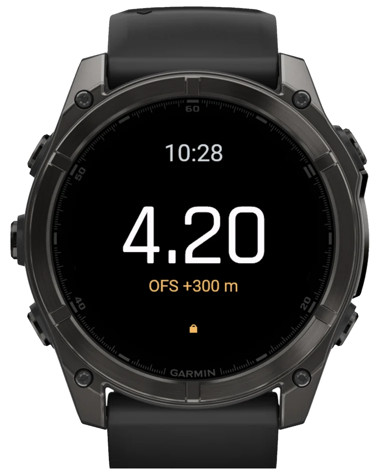 OFS +300 m badge on the readout